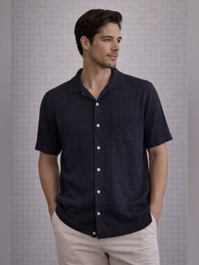 Buck Mason Navy Linen Knit Short Sleeve Button Front Shirt Medium Quiet Luxury